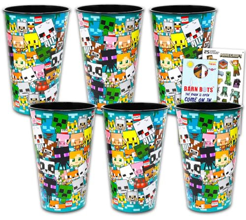 Minecraft Reusable Tumbler Cup Pack - Video Game Party Favor 6 Piece Bundle with 24 Oz Cups Plus Stickers, More | Bulk Minecraft Water Tumblers