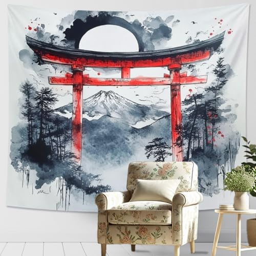 Wandteppich mit japanischem Torii-Tor, Sonnenuntergang, Motiv: Roter Berg, Natur, Aquarell, Wandbehang, Zen, dekorativer Wandteppich für Wohnzimmer, Meditation, Wohnheim, 203 x 152 cm
