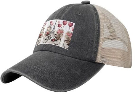 UVBDF Love Paris Baseballkappe für Damen und Herren, Motiv: Turm, Kaffee, Wein, Parfüm, Fahrrad-Herzdruck, flippig, Premium-Mesh mit Schnappverschluss, stilvoll, bequem, atmungsaktiv, Schwarz