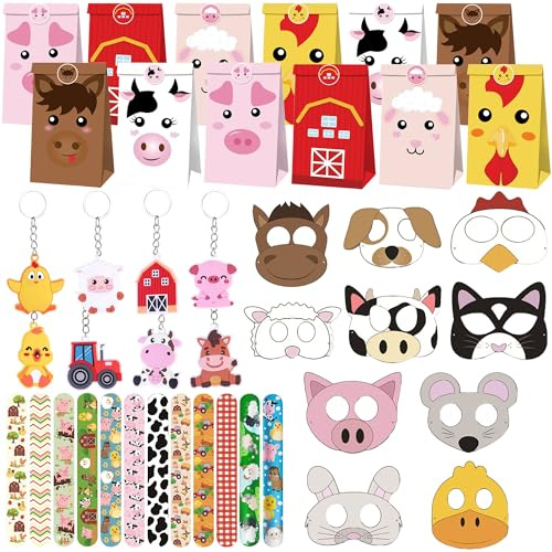 60PCS Bauernhof Partygeschenk Füller Bauernhof Tier Masken Fillers Supplies | 60PCS Bauernhof Party Tasche Füller Bauernhof Tier Masken Aufkleber Schlüsselanhänger Armband Schlüsselanhänger für