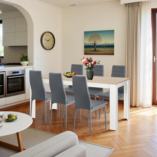 FURNITABLE Esstisch mit 6 Stühlen Esszimmergruppe, Essgruppe mit Hochlehner Kunstleder Stuhl für 6 Personen, Sitzgruppe für Küche Wohnzimmer(160cm Eiche-Weiß Tischbein Tisch+6 Grau Stühle)