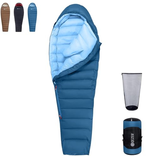 QEZER Daunenschlafsack für Erwachsene and Kind, leichte Winter Schlafsack Outdoor 8°C ~ -20°C für Camping und Bergsteigen mit 660 FP Duck Down (Blau, 1000g Daune)
