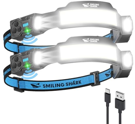 Smiling Shark TS-4 Lámpara Frontal, Linterna Cabaza LED Recargable 2400mAh con Doble Foco Ajustable&Inclinable Sensor de Movimiento Diseño Manos Libres para Camping Jogging Senderismo Correr (2)
