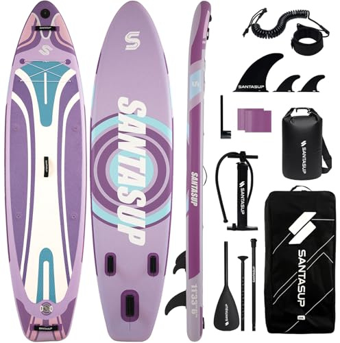 Santasup - Tavola da paddle gonfiabile con accessori SUP, ampio ponte antiscivolo in EVA, borsa impermeabile, tavole SUP colorate viola da 3,35 m per adulti e giovani di tutti i livelli