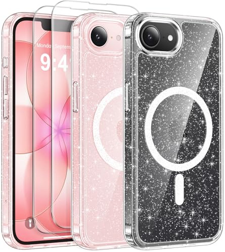AROYI für iPhone 17e / iPhone 16e Hülle, glitzernde Transparente hülle mit 2 Stück Panzer Schutz Glas, kompatibel mit Mag Safe, Stoßfestes Acryl mit Magnetischem Glitzer für Frauen und Mädchen, Klar
