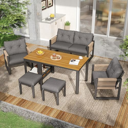 UATARU Corner Sofa Lounge Set, Dining Table, 2 Stools & 2 Armchairs, Garden Furniture Set, up to 6 People, Including Seat Cushions