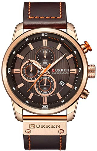 Herren-Armbanduhr mit Lederband, klassisch, lässig, Edelstahl, wasserdicht, Chronograph, Datum, analog, Quarzuhr (dunkelbraun), Dunkelbraun, Sportlich