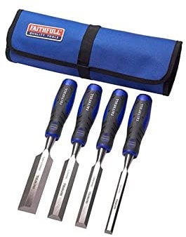 Faithfull FAIWCSGS4CR Soft-Grip Bevel Edge Chisel Set of 4 (13, 19, 25 & 32mm) with Chisel Roll, Blue/Black