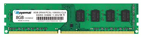 Royemai PC3L-10600U Barrette de mémoire RAM DDR3L 1333 MHz UDIMM 1,35 V/1,5 V CL9 2Rx8 Non-ECC sans tampon Dual Rank 240 broches pour ordinateur de bureau