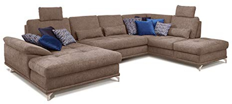 Cavadore Wohnlandschaft Castiel mit Federkern / Große Sofalandschaft mit Sitztiefenverstellung und Kopfstützen / 368 x 114 x 232 / Webstoff, Hellbraun