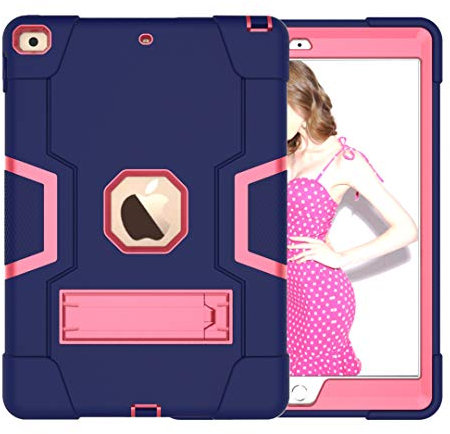 QYiD Custodia per iPad 10.2 / 7th Generation Hybrid Heavy Duty Defender Antiurto Protective con Stand per Apple iPad 10.2 (2019) / A2200 / A2198 / A2232 (NavyBlu+RoseRosso)