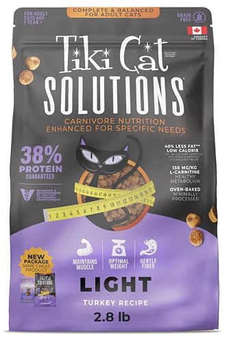 Tiki Cat Solutions Dry Cat Food, Turkey, Low-Calorie Grain-Free Baked Kibble to Maximize Nutrients, Dry Cat Food, 2.8 lbs. Bag
