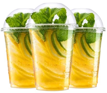Strong Plastic Smoothie Cups with Dome Lids - 200 Pack of 16oz (473ml) Milkshake Disposable Plastic Cups - Great for iced tea, Iced Coffee, or Any Cold Drinks - Reusable Clear Plastic Cups