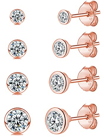 Damen Ohrstecker Silber 925 4 Paar Klein Sterling Silber Stecker Ohrringe Rosegold Set mit Zirkonia Schlafen Knorpel Tragus Modeschmuck für Damen Herren Geschenke 2mm/3mm/4mm/5mm
