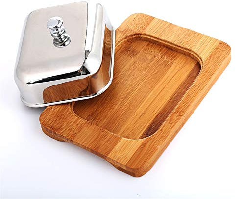 Beurriers Plat de beurre □ Fromage en acier inoxydable Plateau de plateau à fromage Storage Barrière de stockage Bambou avec miroir Couvercle Perfect pour la cuisine Beurriers Conteneur de Beurre