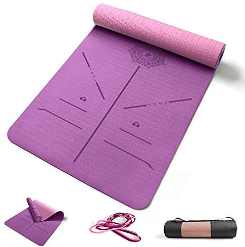 FP-TECH TAPPETINO DA YOGA IMBOTTITO ANTISCIVOLO FITNESS PILATES GINNASTICA IN TPE MAT CON SACCA 183 X 68 X 0.8 CM (Viola-Rosa)