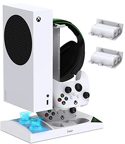 MENEEA Charger Stand with Fan Accessories for Xbox Series S Controller Charging Station and Console with Cooler, Headphone Holder, 2 x 1400mAh Rechargeable Battery (White)