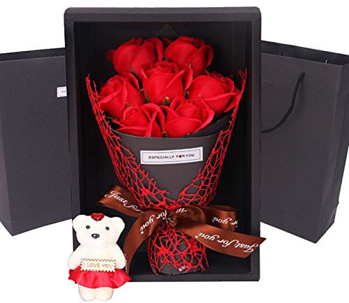 Rosenblüte als Valentinstagsgeschenk, 1 Strauß künstliche Seife Rose Blume Bär Muttertag Geburtstag Hochzeit Geschenk - Rot