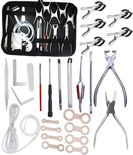 Jiayouy 26-teiliges Saxophon-Reparatur-Werkzeug-Set mit LED-Licht, Federhaken und Schlüsseleinkerbung, Nivellierpad und Federzange, Reparaturwerkzeug für Saxophon, Flöte, Holzblasinstrumente