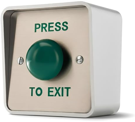 SecureMyDoor Outdoor PRESS TO EXIT Button, IP65 Door Release Switch | Silver Housing Cover, Outdoor IP65, Weather Resistant Push Door Entry Release Switch for Access Control, ABS Plastic Housing