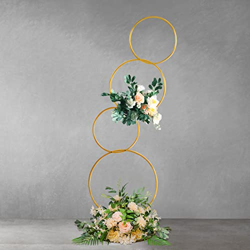 YALLOVE 1.6m High Metal Hoop Pillar Flower Stand, Gold Arch Stand Kit with 4-Tier, Centerpiece Garland for Wedding, Engagement, Event, Party Decoration
