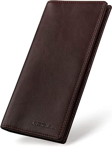 VISOUL Portefeuille Homme en Cuir Véritable, Portefeuille Long à Deux Volets en Cuir avec Blocage RFID, Porte Chéquier avec 3 Compartiment à Billets et 12 Emplacements pour Cartes (Café)