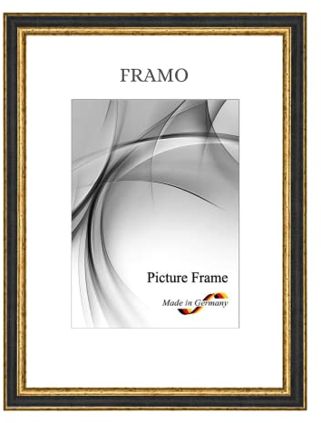 FRAMO N°107 Barock Bilderrahmen 15x20 aus Massivholz | Schwarz Gold | Retro Vintage Antik Holzrahmen inkl. bruchsicherer Anti-Reflex Kunstglasscheibe und Metall Aufhängern