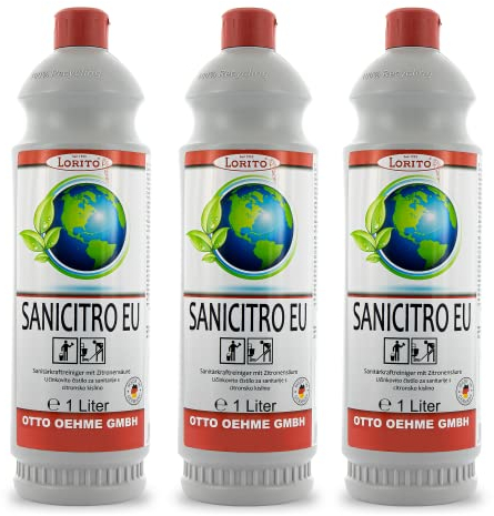 Lorito Sanicitro Sanitärreiniger, 3x 1 Liter Konzentrat, EU-Ecolabel, Badreiniger gegen Kalk, Urinstein und Schmutz, Kalkreiniger mit Zitronensäure