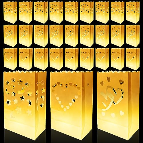 30 Stück Lichttüten Papier Lichtertüten: 3 Stile weiße Lichttüte Deko Kerzentüten Feuerfest Papiertüten für LED Kerzen, Teelichter Candle Bags Papier Laternen für Geburtstag Tischdeko Hochzeit