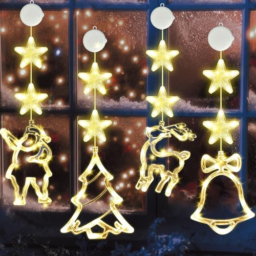 VEEKAY 4er Set LED Weihnachtsbeleuchtung, Saugnapf Weihnachten Lichter,8 x Stern +4 x Weihnachtselemente,Warmweiß Lichtervorhang mit Saugnäpfe,Timer,Batteriebetrieben,für Weihnachtsdeko