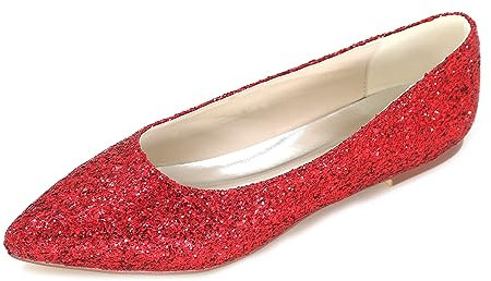 WeFloHsL Womens Pointed Toe Flats Pumps Glitter Slip on Ballerina Party Dress Shoes 2046-07A,Red,9 UK