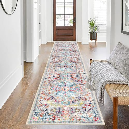 SHACOS Langer Flur Teppich Läufer rutschfest 60 x 300 cm, Kurzflor, Teppichläufer Waschbar Boho Flurläufer Lang, Küchenteppich, Korridor Teppich Läufer für Flur, Küche, Wohnzimmer, Schlafzimmer, Bunt