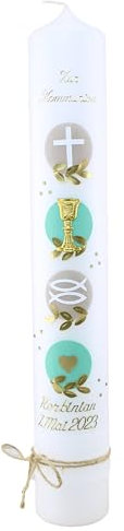 Cerziies® Kommunionkerze KORBINIAN Junge oder Mädchen mit Name und Datum, individuell und handverziert 2208, Kerzengröße :ca. 40x5
