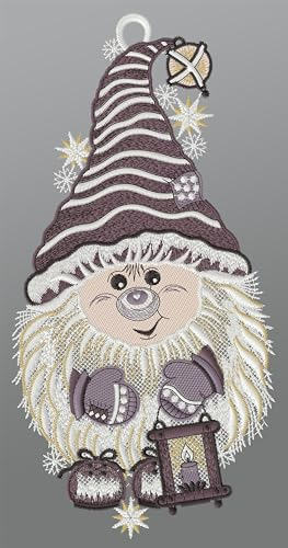 Plauener Spitze Fensterbild Wichtel mit Laterne (BxH) 15cm x 30cm, grau, Fensterdekoration und Fensterschmuck