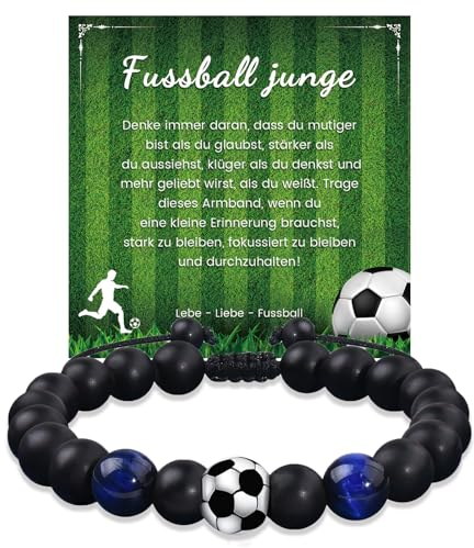 YELUWA Fussball Geschenke Jungen, Fußball Geschenke für Jungs, Fussball Armband Geschenk für Sohn Teenager Enkel Neffe Bruder 6 7 8 9 10 11 12 Jahre Geburtstag für Jungen Naturstein Armband Blau