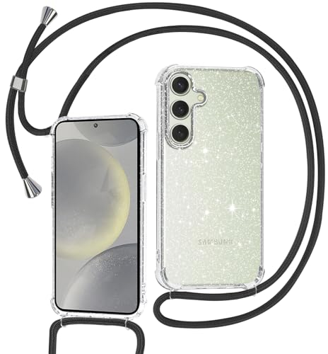 Tikgue Coque pour Samsung Galaxy S24 / Samsung Galaxy S25 avec Cordon, Collier Coque Glitter Transparent Paillettes Etui TPU Bumper Silicone Case avec Chaîne Lanière Housse - Le Noir