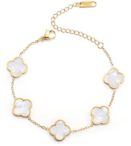 AIPPK 18K Gold Plated Clover Lucky Bracelet Dupes for Women White Flower Four Leaf Bracelets Trendy Jewelry Gifts for Women