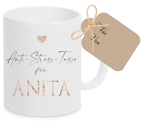 Kaffee-Tasse mit Buchstabe, personalisiert mit Wunschname, Persönliches Geschenk, Keramiktasse (Rosa: Anti Stress)