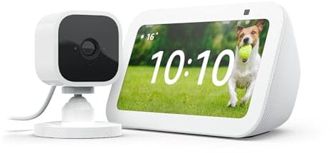 Echo Show 5 (3. Gen.) | Weiß + Blink Mini Kamera, funktioniert mit Alexa - Smart Home-Einsteigerpaket