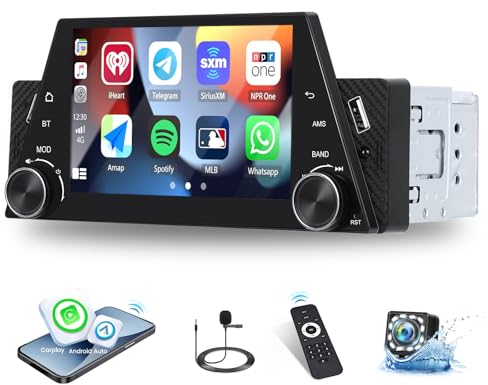 CAMECHO DIN 1 CarPlay Autoradio mit 5 Bildschirm, Wireless A-pple CarPlay/Android Auto/Mirror Link, 5 Touch Display mit Bluetooth FM Radio USB EQ, Unterstützung Lenkradsteuerung+Rückfahrkamera