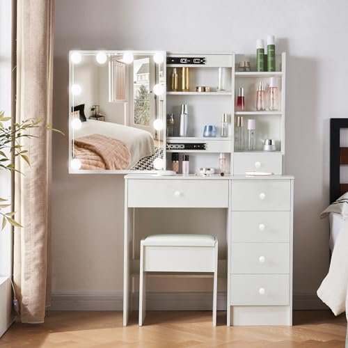 LIANWANG Hollywood Vanity Table Desk Set for Girls and Women, Makeup Vanity with Drawers and Cabinets, Dressing Table with Mirror for Home and Bedroom