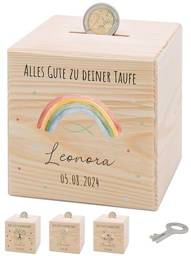 Bärenfreunde® - Personalisierte Spardose Kinder aus Holz mit Metallschloss - Spardose mit Namen mit kinderfreundlichem UV-Druck zum Sparen für Kinderträume (Regenbogen Fisch)