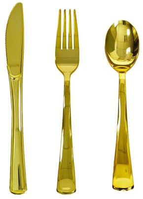 SZHXVIVISY Juego de cubiertos de plástico reutilizables, 75 piezas, cubiertos de plástico dorado, perfectos para fiestas, bodas, cumpleaños, festivales, Navidad, 25 cucharas, 25 cuchillos, 25