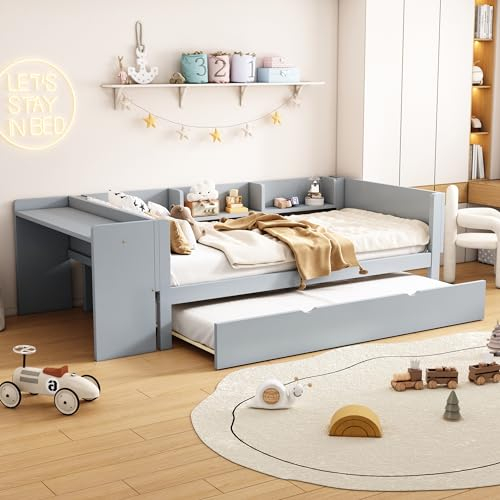 KUAKE Flachbett 90x200cm, mit ausziehbarem Bett, mit Schreibtisch, DREI Regale an der Seite des Bettes (Grau)