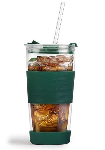 Vialli Design Thermoglasbecher mit Strohhalm 600 ml Grün | Fuori Kollektion | für Kaffee, Tee, Saft | Anti-Rutsch-Beschichtung | moderne und ergonomische Form