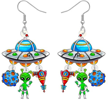 HUAGEO Acryl Nette Astronomische Teleskop Ohrringe Neuheit Planet Alien Raumschiff Raketen UFO Dangle Spaß Schmuck Für Frauen Outer Space Lovers Charms Geschenke (Blau)