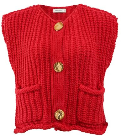 Amazhiyu Womens Sweater Vest, UK Button Down Crop Knitted Sweater Vest Sleeveless Cable Knit Cropped Cardigan with Pockets Red Large