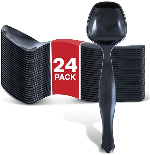 24 Count Disposable Black Plastic Serving Spoons for Catering, Weddings, Holidays and More - Large Plastic Buffet Spoons for Parties, Stock Your Home