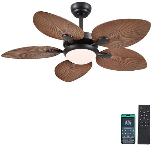 Wiviniya Tropischer Deckenventilator mit 111 cm (44 Zoll), mit LED-Lichtern und Fernbedienung/App, 6 Geschwindigkeitsstufen, Braun