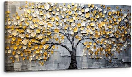 MHARTK66 Goldener Baum Leinwand Bilder, 50x100 cm Groß Wandbilder Wohnzimmer Baum des Lebens Bild Aesthetic, Modern Wanddeko Kunstdruck Schlafzimmer Badezimmer Büro Esszimmer Küche